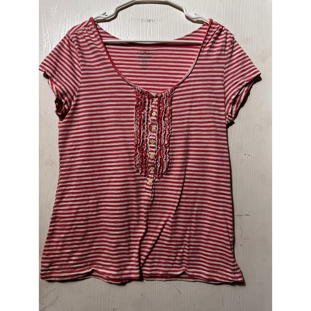Old Navy Womens Red White Striped Ruffle Bib Short Sleeve Cotton Top Large